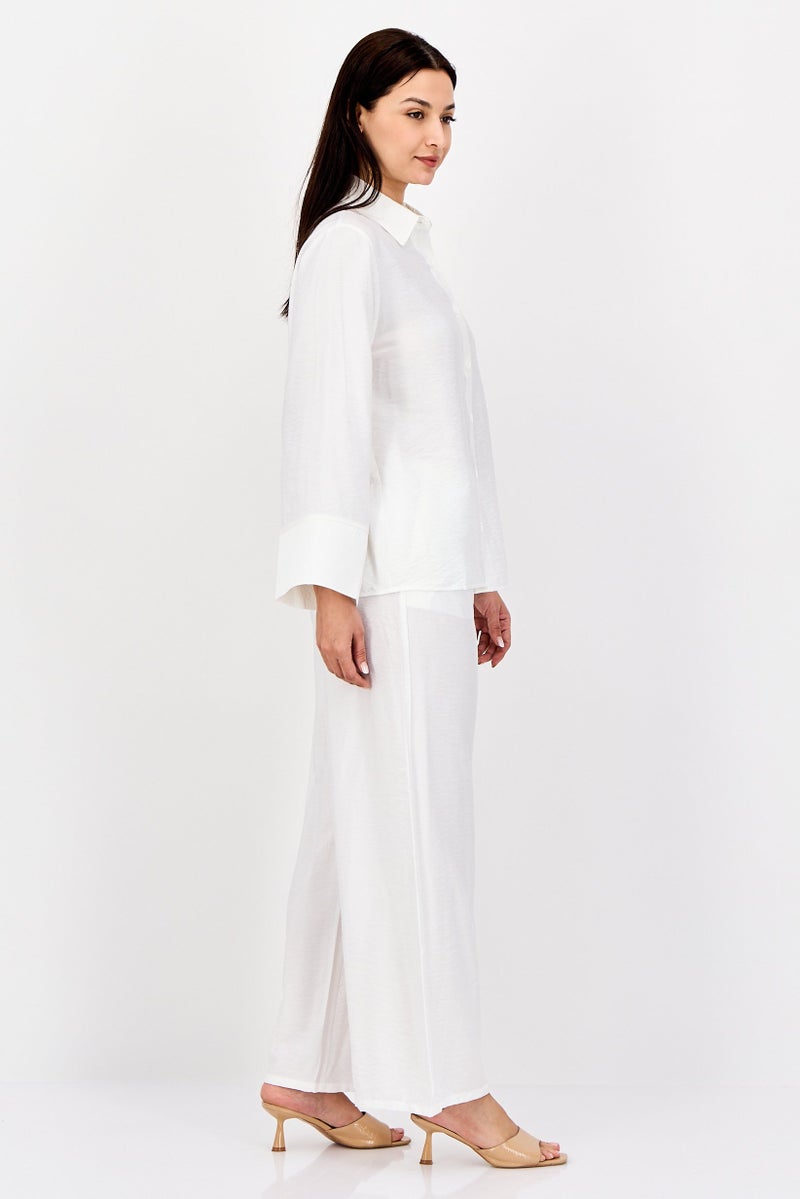 bebe Women 2 Pieces Plain Long Shirt And Palazzo Pants Set, White - Image 2